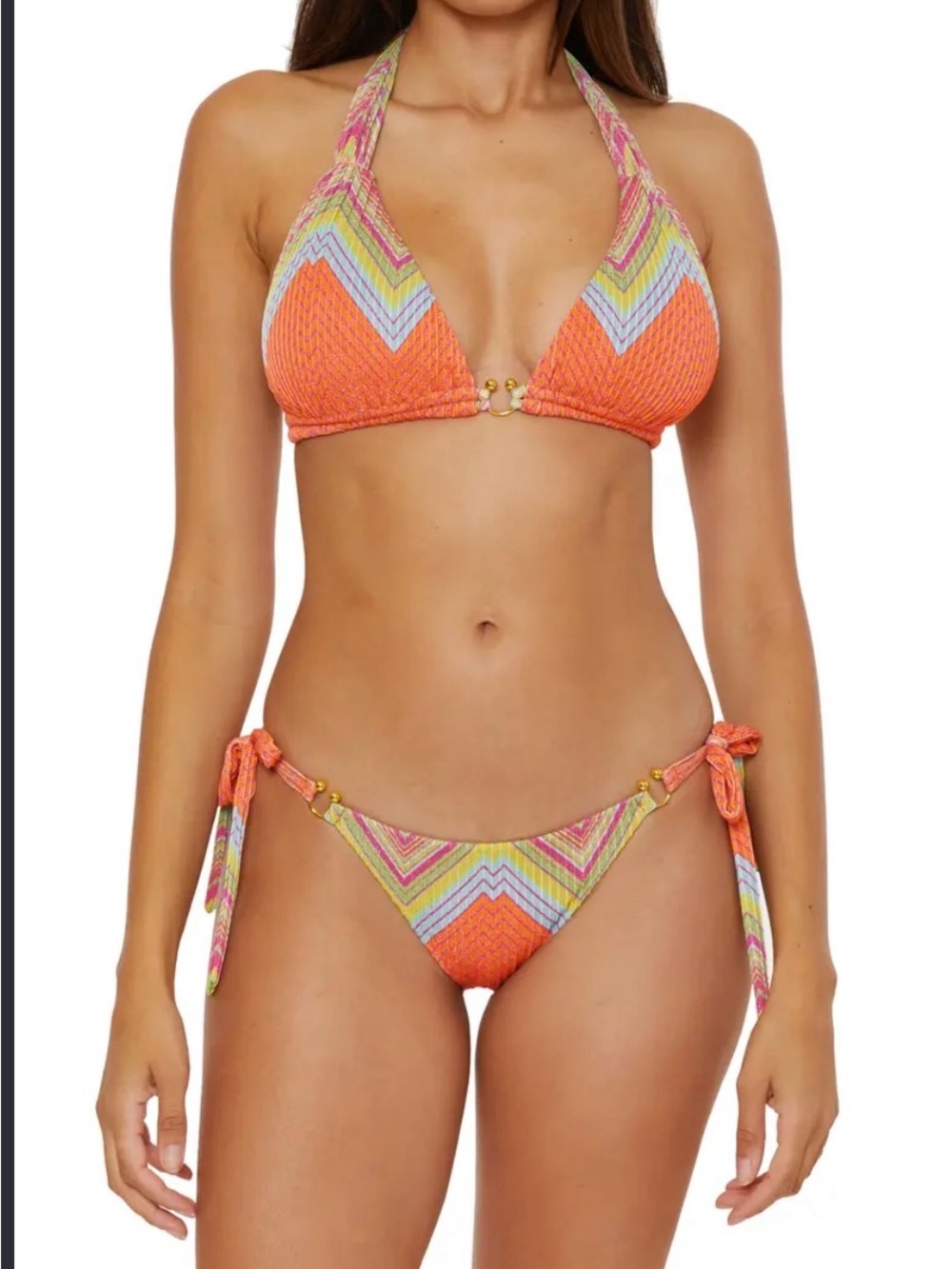 BECCA Neon Orange Chevron bikini top and bottom size M NWT